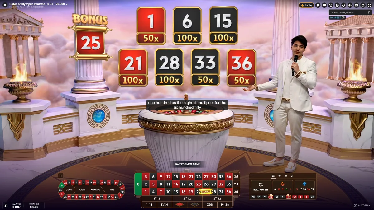 Gates of Olympus Roulette live-студия с ведущим и мраморным колесом